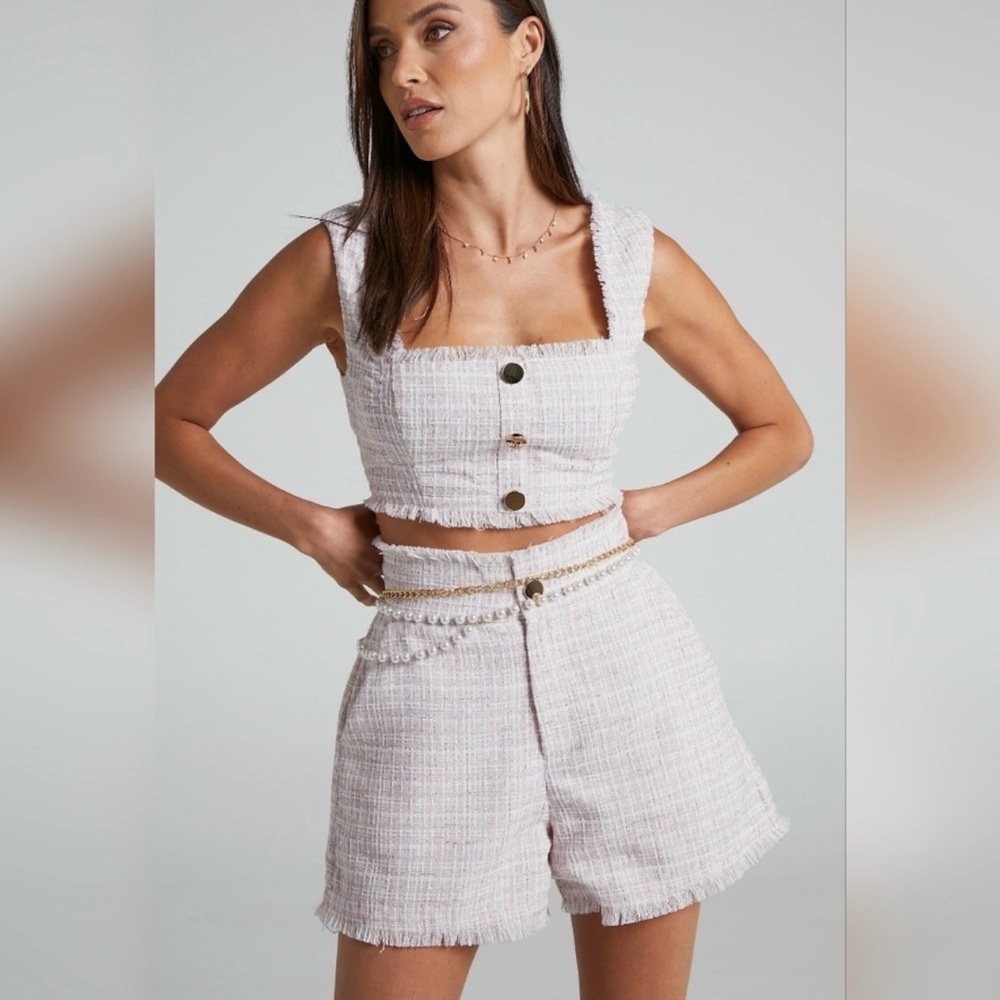 Showpo High Waist Tweed Shorts in Cream and Tan
